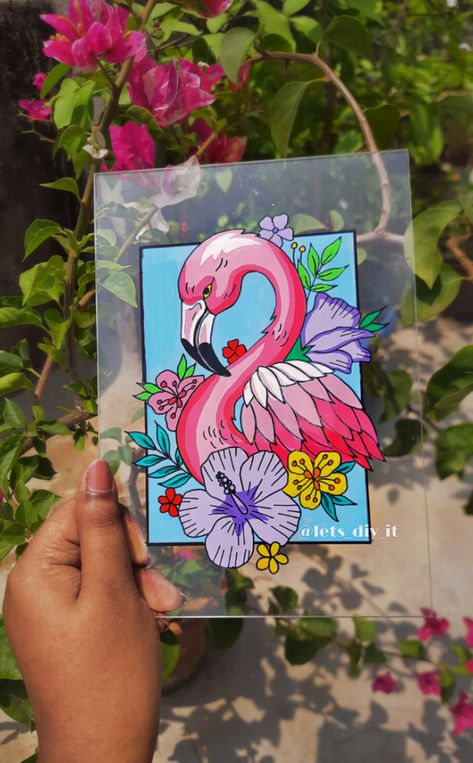 Flamingo painting Flamingo Glass painting Glass Painting Acrylic, Minion Painting, Glass Painting Patterns, Glass Painting Designs, Canvas Art Projects, Beautiful Art Paintings, Canvas Painting Designs, Cute Paintings, Small Canvas Art