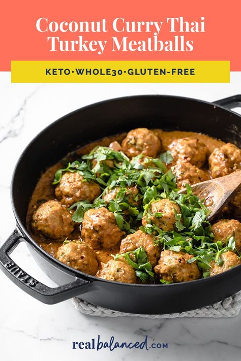 These Coconut Curry Thai Turkey Meatballs are full of rich flavor and are a perfect choice for a low-carb weeknight dinner. They feature ground turkey, coconut aminos, canned coconut milk, curry powder, and red curry paste. This meatball recipe can be made and ready to serve in just 30 minutes! #realbalancedblog #currymeatballs #turkeymeatballs #thaiturkeymeatballs Red Curry Meatballs, Coconut Curry Meatballs, Thai Turkey Meatballs, Thai Coconut Curry, Curry Meatballs, Coconut Curry Sauce, Thai Coconut, Turkey Meatballs, Paleo Dinner