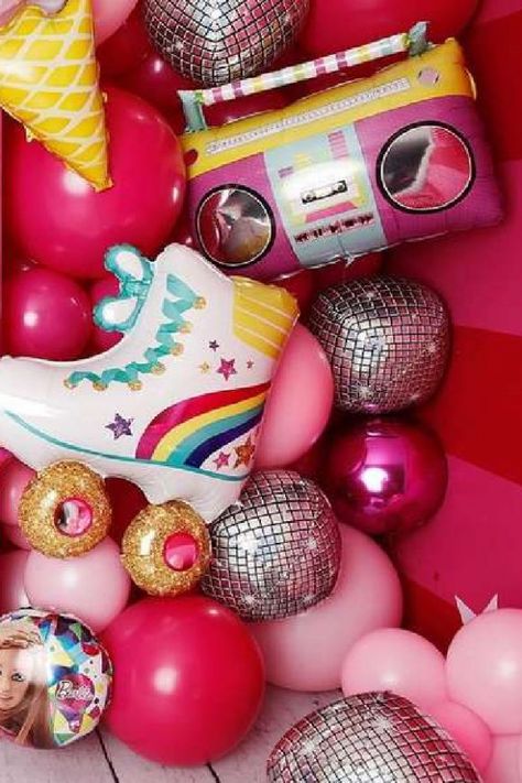 Balloon garlands and walls are so on-trend right now and are everywhere. This balloon wall is so cool with everything girls like, such as rollerskates and disco balls. See more party ideas and share yours at CatchMyparty.com #catchmyparty #partyideas #barbie #barbieparty #barbiepartyideas #teenparty #girlbirthdayparty Rollerskate Party Ideas, Barbie Balloon Garland, Rollerskate Party, Barbie Backdrop, Rollerskating Party, Girls Barbie Birthday Party, Barbie Party Ideas, Barbie Pool, Roller Skate Birthday Party