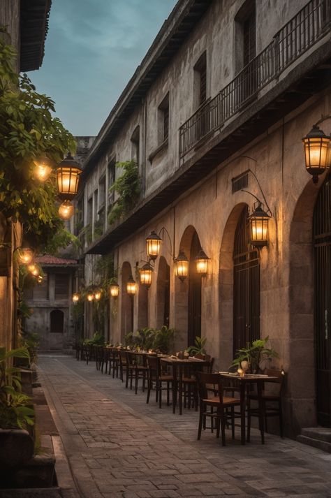 A hyperrealistic image of a cozy outdoor staycation setup on a cobblestone patio, surrounded by colonial-era buildings and lush greenery within the historical walls of Intramuros. Al Fresco Restaurant, Cobblestone Patio, Philippines Destinations, Philippine Architecture, Spanish Colonial Architecture, Park Architecture, Philippine History, Spanish Architecture, Colonial Architecture