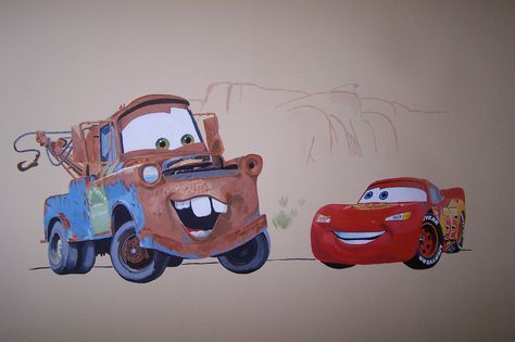 Cars wall mural - drawn and painted by Eric - with Lightning McQueen and Mater Lightning Mcqueen Bedroom, Cars Mural, Disney Mural, Andys Room, Office Mural, Baby Corner, Car Themes, Baby Bedroom, Lightning Mcqueen