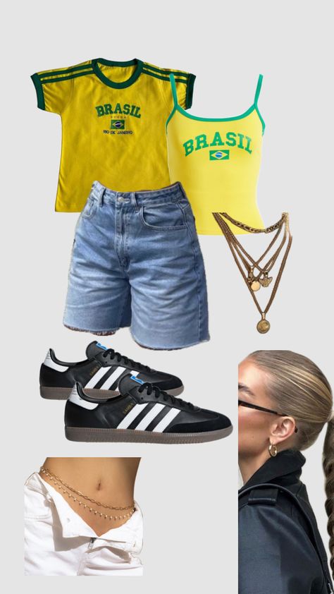 #blokette #blokecore #jersey #brazil #jorts #sambas #outfit #summer #beach Sambas Outfit, Brazil Jersey, Outfit Inso, Jersey Outfit, Spring Fits, Outfit Summer, Rio De Janeiro, Summer Beach, Brazil