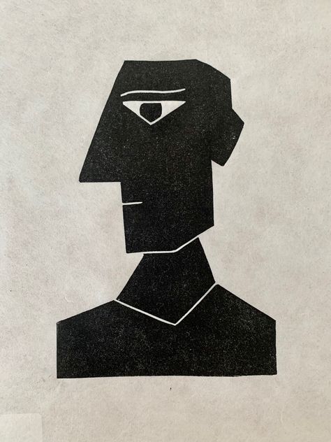 Linocut print created and printed by hand, inspired by Picasso, abstract portraits and Cubsim Linocut Prints Portraits, Lino Portrait, Lino Cut Ideas, Abstract Portrait Drawing, Simple Linocut, Linocut Portrait, Cubism Portrait, Linoleum Carving, Abstract Linocut