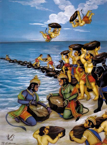 monkeys make bridge with floating stones. Ramayana Story, Ram Setu, Jay Shri Ram, साईं बाबा, Hanuman Ji Wallpapers, Rama Image, Lord Rama Images, Bhakti Yoga, Shri Hanuman