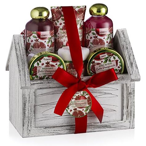 Christmas Gift Spa Basket Set Luxurious 8 Piece Bath  Body Set For Men Women Exotic Pomegranate Scent  Shower Gel Bubble Bath Body Lotion Bath Salt Body Scrub Towel Cosmetic Bag  Wood Case *** Check this awesome product by going to the link at the image.-It is an affiliate link to Amazon. Pomegranate Scent, Bath Gift Basket, Spa Luxe, Spa Basket, Spa Gift Set, Lush Bath, Gift Baskets For Women, Home Spa Treatments, Christmas Gift Exchange