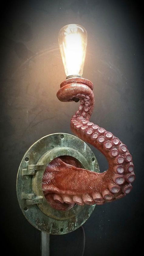 Beautiful Realistic Nautical Tentacle Porthole Wall Sconce  #baselamp #concept #edison #lightbulb #nautical #sconce #steampunk #wallmouted #vintage  - This unique nautical wall lamp is handmade and painted to order. Lifelike and life-sized, it will light up your room as well as spark Octopus Lamp, Nautical Bathroom, Nautical Bathrooms, Nautical Wall Decor, Octopus Art, Nautical Wall, Reference Photos, Nautical Decor, Room Lights