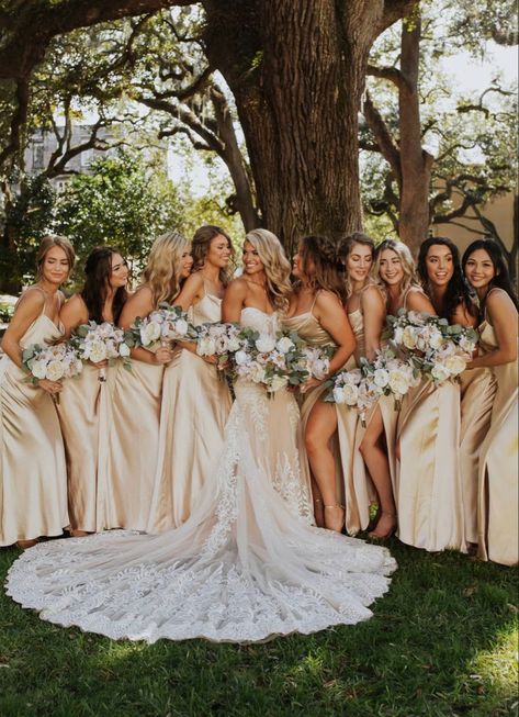 Ivory Nude Wedding Dress With Bridesmaids, Timeless Wedding Party Colors, Wedding With Champagne Colors, 11 Bridesmaids Pictures, Nuetral Pallete Bridal Party, Light Pink And Champagne Wedding, Wedding Picture Bridesmaid, 9 Bridesmaids Photography, Creme Bridesmaid Dresses