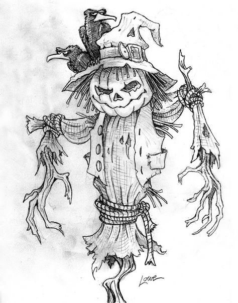 DAVE LOWE DESIGN the Blog: 15 Days 'Til Halloween Sketching - Scarecrow Scarecrow, Acrylic Painting, Pencil, Black And White, Halloween, Black