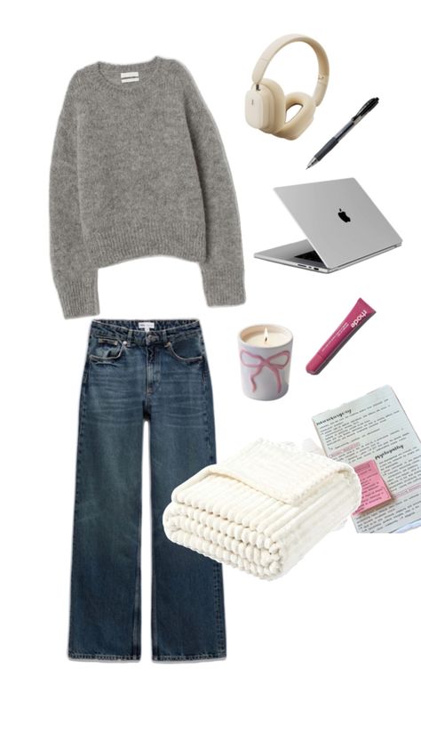 outfit inspo, cosy, cozy, study, school, university, college, focus, it girl, aesthetic, rhode, jellycat, uggs, macbook, candle Cozy College Outfit, Cosy Study, Cozy Study, It Girl Aesthetic, College Outfit, University College, It Girl, College Outfits, Macbook