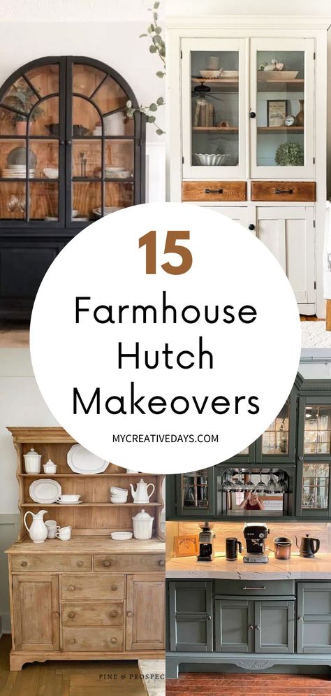 If you have a thrifted or old hutch you want to makeover? We’re sharing 15 gorgeous and modern DIY hutch makeovers to inspire your upcycled home décor projects! Whether you’re looking for farmhouse, modern, vintage hutch makeovers, we have all the best refurbished and repurposed hutch makeovers. How To Decorate A Hutch Farmhouse, Antique Hutch Decorating Ideas, Old Hutch Makeover Ideas, Hutch Makeover Diy, Farmhouse Hutch Makeover, Living Room Hutch, Diy Hutch, Repurposed Hutch, Farmhouse China Cabinet