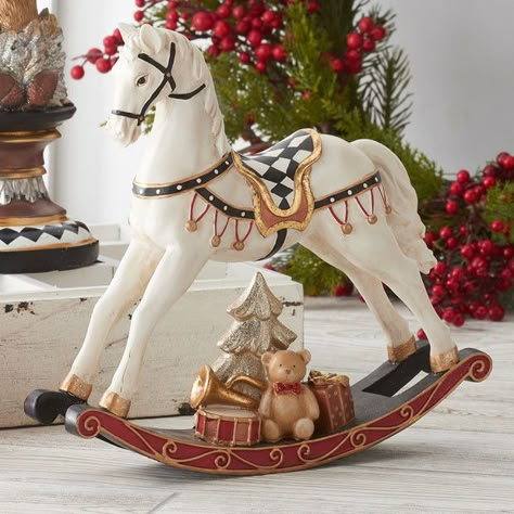 Christmas Horse Decor, Wooden Rocking Horse Christmas Decor, Rocking Horse Aesthetic, Gingerbread Rocking Horse, Hermes Christmas, Painted Rocking Horse, Horses Christmas, Christmas Rocking Horse, Xmas Colors