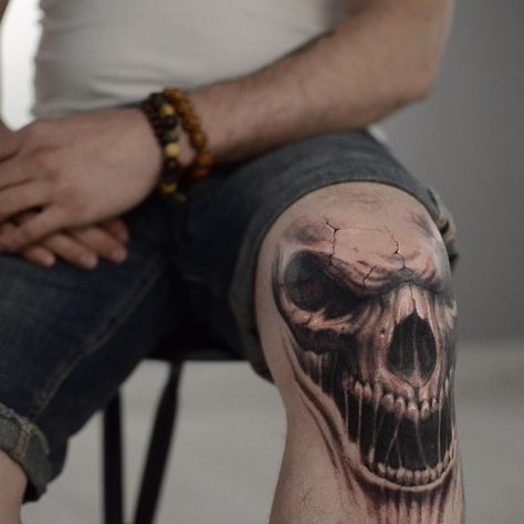 Knee Tattoo Men Ideas, Tattoo For Knee, Mens Knee Tattoo Ideas, Skull Leg Tattoo, Over Knee Tattoo Men, Tattoo Theatre, Skull Neck Tattoo, Skull Knee Tattoo, Last Rites Tattoo