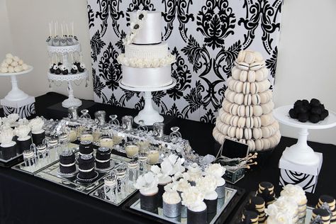 Glamorous Black and Silver and White Dessert table by Divine Sweets and Cakes | Flickr - Photo Sharing! White Dessert Tables, Black Dessert, White Desserts, Black White Parties, Diamond Party, Big Company, Silver Party, Wedding Dessert Table, Silver Table