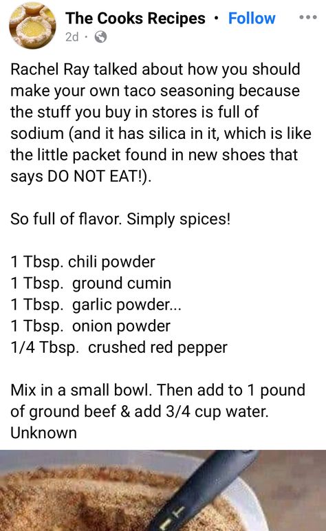 Rachel Ray, Homemade Taco Seasoning, Crushed Red Pepper, Do Not Eat, Taco Seasoning, Chili Powder, Onion Powder, Main Course, Garlic Powder