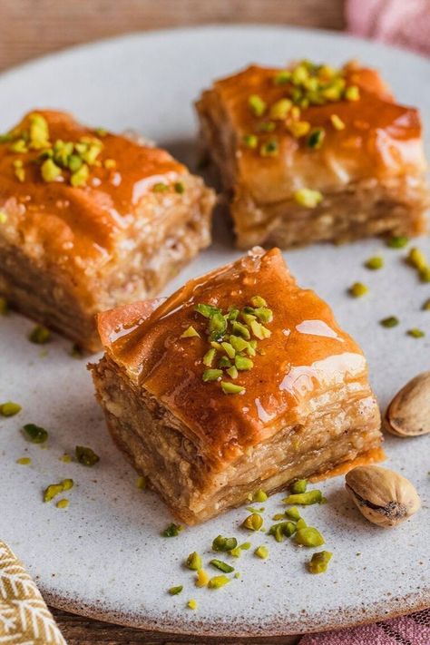 Baklava Dessert, Pistachio Baklava, Pasta Fillo, Cobbler Topping, Baklava Recipe, Preppy Kitchen, Phyllo Dough, Roasted Nuts, Baking Mixes