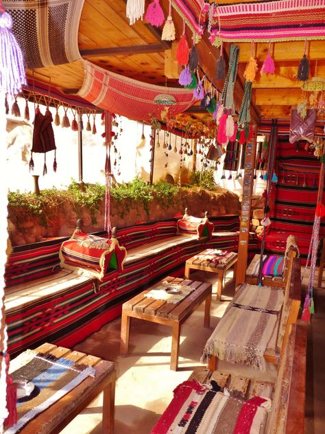 Stop for refreshing Arabic coffee with Cardamon inside a tent, Petra, Wadi Musa desert, Jordan, Middle East, UNESCO World Heritage Site, Wonders of the World, archaeology, excavation, ruins, Nabatean, history, rose-red sandstone city, museum, amphitheatre, route to Monastery, travel, wanderlust, photography, must-see sights jordan | A Niche World Bedouin Decor, Bedouin Style, Bedouin Tent, Decor Logo, Restaurant Interior Design, Arabian Nights, Restaurant Interior, Cafe Interior, Cafe Design