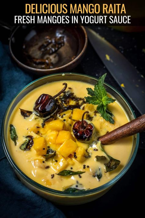 This Mango raita is one of a kind. Fresh, seasonal chopped mangoes are mixed with yogurt, along with mango pulp, sugar to make this delectable side dish that goes with most Indian meals. Easy Raita Recipe, Cucumber Raita Recipe, Indian Appetizer Recipes, Raita Recipe, Indian Meals, Indian Meal, Mango Pulp, Chicken Snacks, Indian Appetizers