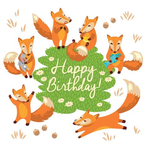 Happy birthday card with cute foxes in vector vector illustration Funny Foxes, Fox Birthday Party, Japanese Kitsune, Cute Foxes, Happy Birthday Illustration, Fox Birthday, Cool Birthday Cards, Birthday Illustration, Fox Art