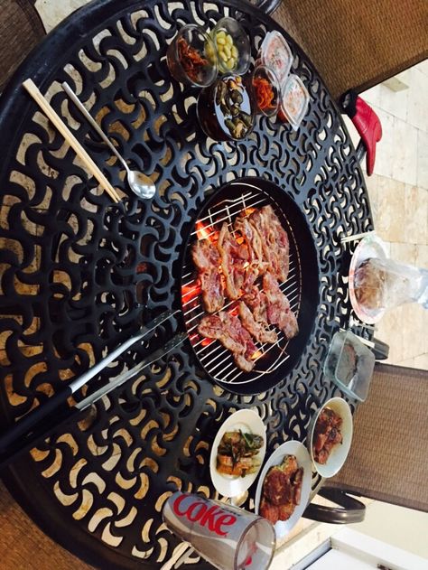 Build in grill on my outdoor table. Great for Korean BBQ. Korean Grill Table, Bbq Table Diy, Korean Bbq Table, Weber Grill Table, Diy Grill Table, Korean Bbq At Home, Korean Bbq Grill, Korean Grill, Fire Pit Cooking