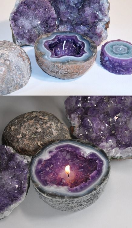 Diy Crystal Candles, How To Make Crystal Candles, Diy Crystal Candle Holder, Diy Herb Candles, Geode Candle Holder, Candles With Crystals, Fairy Candle, Geode Candle, Quartz Candle Holder