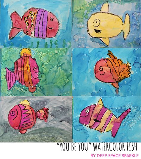 You-be-You-WatercolOR-fish-art-lessons Fish Art Project, Beach Projects, Aquatic Animal, Kindergarten Art Lessons, Deep Space Sparkle, Kindergarten Art Projects, Storybook Art, Classroom Art, Watercolor Fish