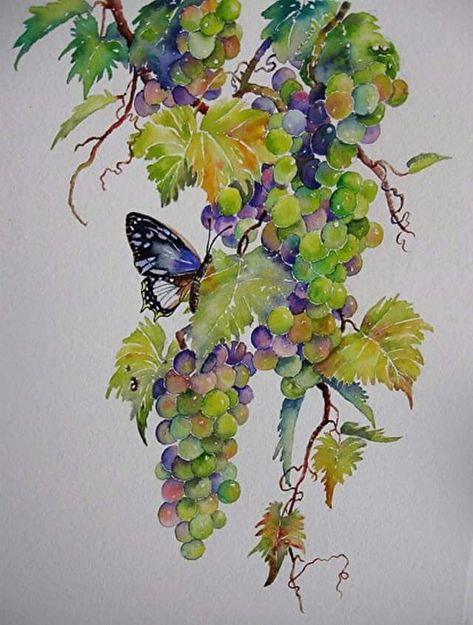 Vine Drawing, Leaves Tattoo, Art Tutorials Watercolor, Vine Leaves, Wine Art, Fruit Painting, 수채화 그림, Fruit Art, Abstract Canvas Art