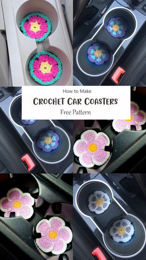 Car Cup Coasters Crochet Pattern, Car Cupholder Coasters Crochet, Car Charm Crochet Pattern, Crocheted Car Coasters, Crochet Car Cup Coaster, Crochet Pattern Car Accessories, Car Cup Holder Coaster Crochet, Crochet Flower Car Coaster, Crochet Stuff That Sells