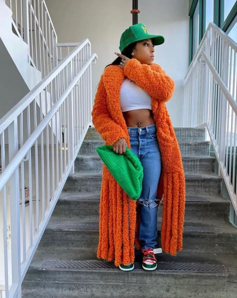 Orange And Green Outfit Black Woman, Orange Boots Outfit, Green And Orange Outfit, Orange Cardigan Outfit, Fall Sweater Aesthetic, Orange Sweater Outfit, Fall Sweater Outfits, Sweater Aesthetic, Coat Check