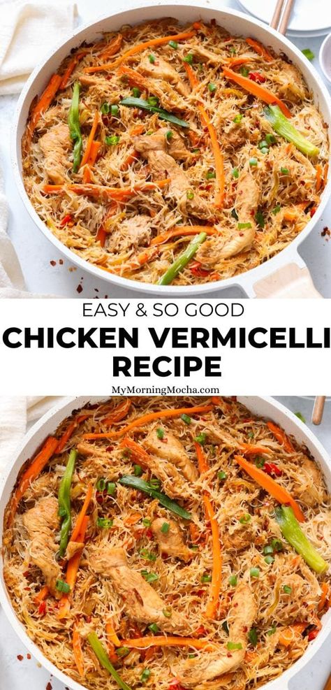 Stir Fry Recipes Rice Noodles, Easy Rice Noodle Stir Fry, Asian Chicken Pasta Recipes, Vermicelli Stir Fry Chicken, Vermecilli Noodles Recipes, Rice Noodle Chicken Stir Fry, Rice Noodle Chicken Recipes, Rice Vermicelli Recipes Stir Fry, Chicken And Vermicelli Noodles