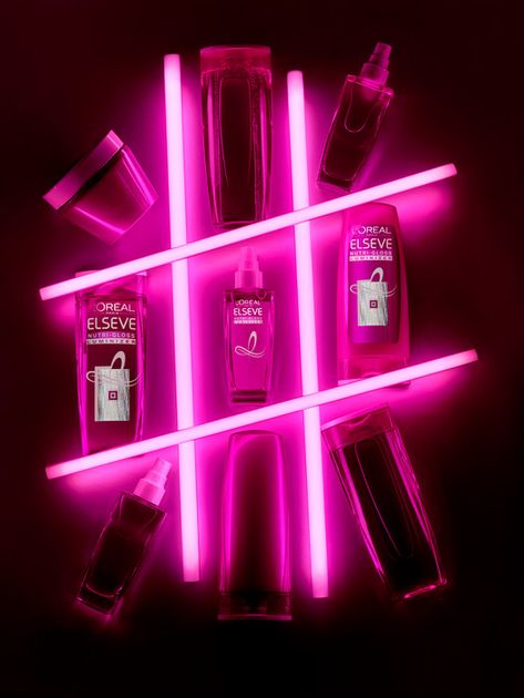 Neon Light Product Photography, Neon Product Photography, Black Friday Cosmetics, Creative Product Photography, Fashion Still Life, Cosmetic Creative, Holiday Photoshoot, Neon Backgrounds, Cosmetics Photography