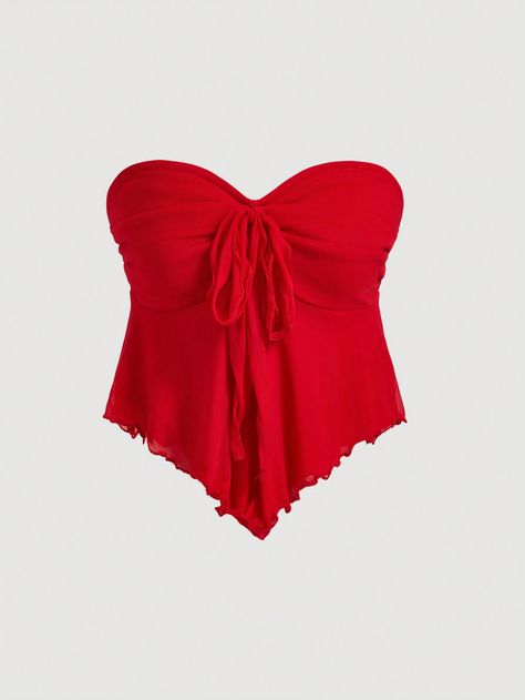 SHEIN MOD Women's Net Yarn Strapless Top With Pointed Hemline And Bow Tie BeltI discovered amazing products on SHEIN.com, come check them out! Red Strapless Top, Top Rojo, Red Ruffle Top, Outing Outfit, Red Tops, Long Bob Hairstyles, Easy Trendy Outfits, Red Outfit, Red Top