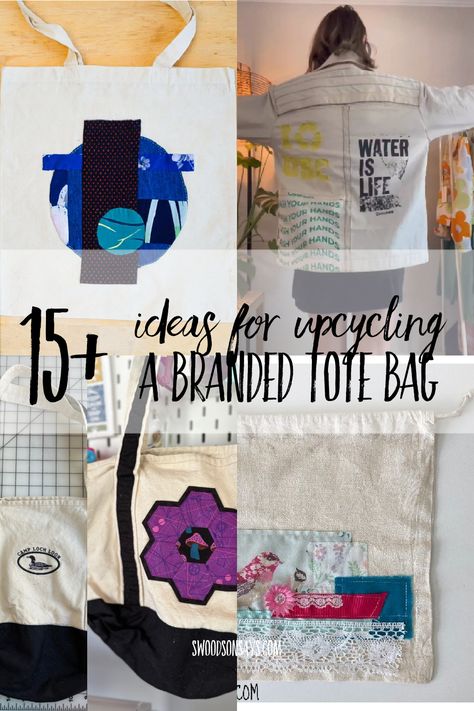 Upcycled tote bags - 13+ ways to makeover a logo tote; a round-up of fun ways to refashion a canvas promotional bag. Tote Bag Craft, Upcycle Tote Bag, Upcycled Tote Bags, Reusable Shopping Bags Diy, Reuseable Bag, Upcycled Purse, Recycle Tote Bag, Upcycled Tote, Cloth Tote Bag