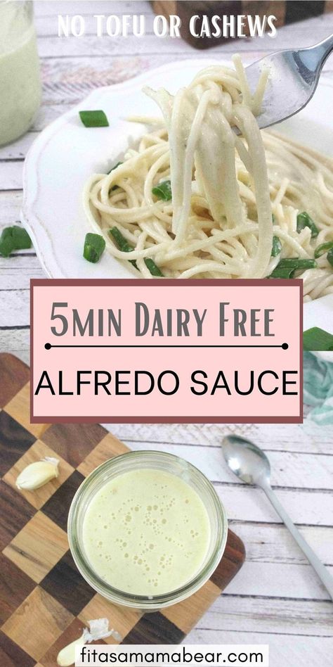 Pin image with text: two images, the top one of a white bowl with alfredo sauce and noodles and green onions in it and the bottom of an overhead shot of coconut milk alfredo sauce in a mason jar on a wooden cutting board with garlic, a spoon, and a blue linen around it Dairy Free Alfredo Sauce Easy, Dairy Free Alfredo, Alfredo Sauce Easy, Dairy Free Alfredo Sauce, Sauce For Pasta, Gluten Free Noodles, Vegan Parmesan Cheese, Homemade Alfredo, Alfredo Sauce Recipe