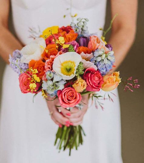 Bright and bold colorful bridal bouquets | see them all on www.onefabday.com Mexican Inspired Wedding, Colorful Bridal Bouquet, Bouquet Champetre, Colorful Wedding Bouquet, Poppy Bouquet, Cascading Bridal Bouquets, Diy Bridal Bouquet, Boda Mexicana, Bright Wedding