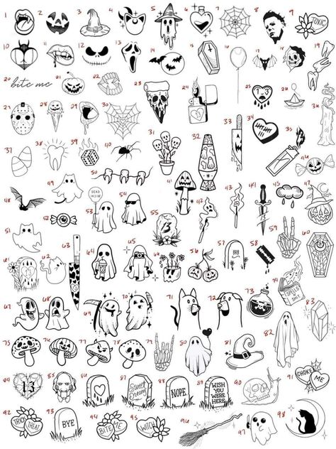 Small Tattoo Gap Fillers, Spooky Outline Tattoos, Halloween Finger Tattoos For Women, Cuticle Tattoos For Women, Minimal Halloween Tattoo, Halloween Tiny Tattoo Flash Sheet, Small Shading Tattoo Design, Halloween Tattoo Ideas Small Simple, Y2k Simple Tattoo