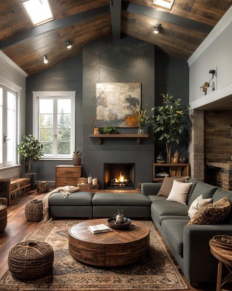 Home Color Schemes Interior, Home Color Schemes, Earth Tone Living Room, Modern Cabin Interior, Living Room Designs Modern, Masculine Living Rooms, Contemporary Living Room Design, House Color Schemes, Neutral Living Room