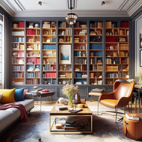 The interior of a stunning home library and Perfectly color-coded bookshelf in an eclectic family room by Anastasia Popova Interior Design Bright Home Library, Library Bar Room, Library In Living Room, Traditional Eclectic Living Room, Home Library Room, Library Design Home, Eclectic Family Room, Small Home Library, Dream Home Library