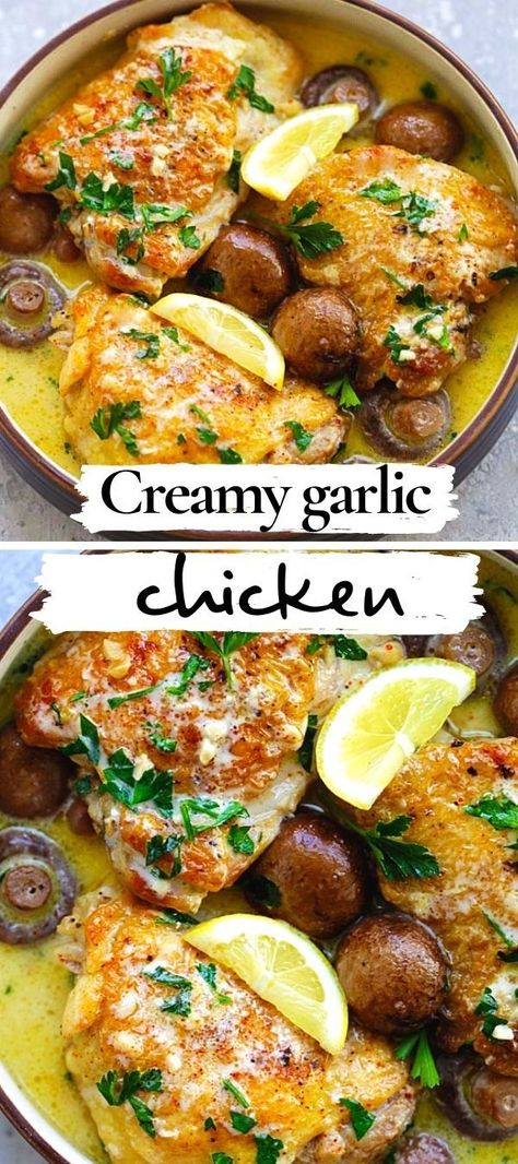 Recipes With Chicken Thighs Bone In, Creamy Garlic Mushroom Chicken, Garlic Mushroom Chicken, Bone In Chicken Recipes, Chicken With Mushrooms, Creamy Mushroom Chicken, Creamy Garlic Mushrooms, Creamy Garlic Chicken, Easy Chicken Thigh Recipes