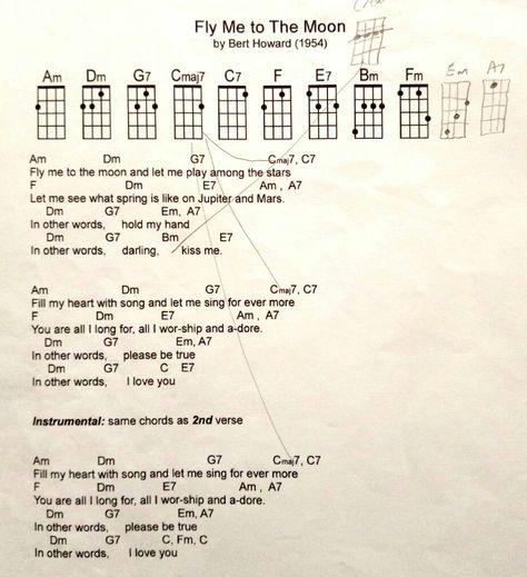 Fly me to the moon Akordy Na Ukulele, Ukelele Chords Ukulele Songs, Ukulele Fingerpicking, Ukulele Songs Beginner, Easy Ukulele Songs, Ukulele Chords Songs, Learn Guitar Chords, Uke Songs, Guitar Tabs Songs