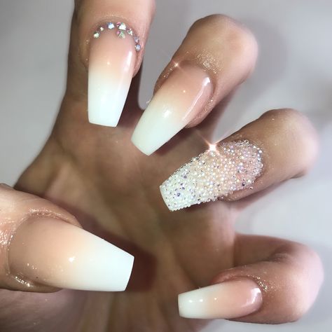 Ombré nude coffin nails with pixie dust gems Ombré Nails With Gems, Ombre Nails With Gems, Ombre Nails With Diamonds, Acrylic With Gems, Nude Nails With Diamonds, Sleek Nails, Coffin Nails Ombre, 2019 Nails, Pink Ombre Nails