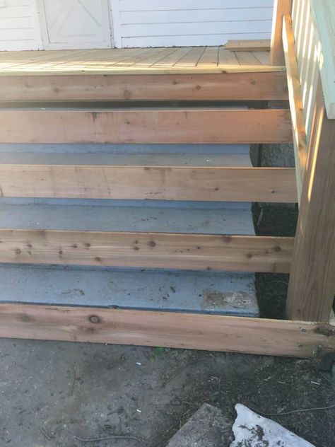 How to Cover Concrete Steps with Wood Cover Concrete Steps, Deck Over Concrete, Concrete Front Steps, Cement Steps, Front Porch Steps, Porch Stairs, Front Porch Makeover, Porch Remodel, Building A Porch