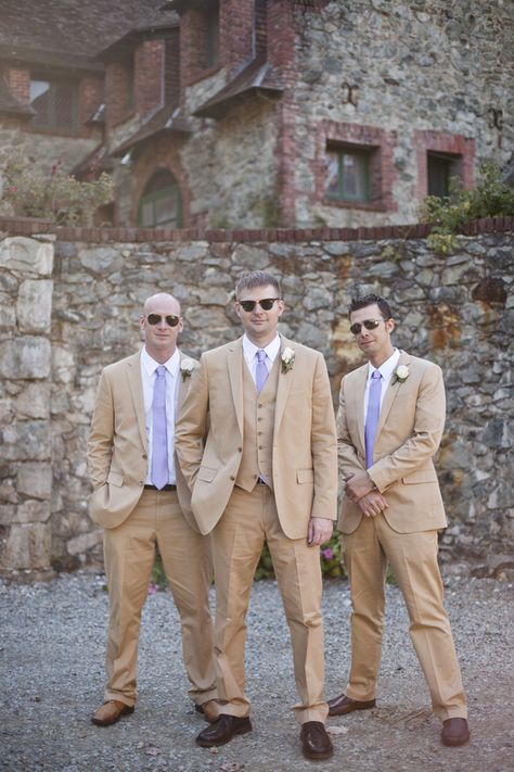 Wedding inspiration, purple ties, tan suits, sunglasses, cobblestone Tan Suit Wedding, Purple Groomsmen, Grass Valley California, Taupe Wedding, Mens Wear Wedding, Wedding Photography Checklist, Wedding Tux, Tan Wedding, Provence Wedding