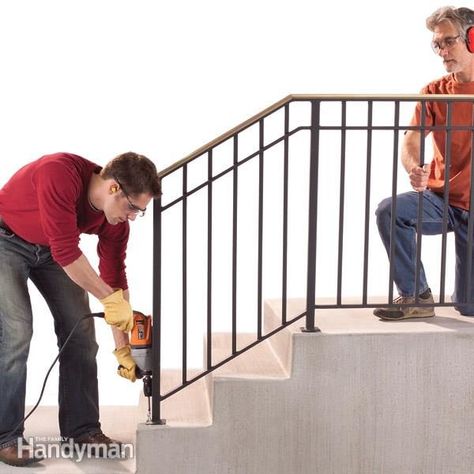 Safety First: Install an Outdoor Stair Railing Railings For Steps, Sawhorse Plans, Stairs Outdoor, Exterior Handrail, Diy Stair Railing, Outdoor Handrail, Outdoor Stair Railing, Step Railing, Iron Handrails