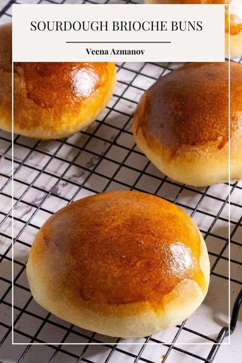 These sourdough brioche buns are airy, soft and just a little sweet. Buns are a great addition to any sandwich. Made with a sourdough starter I let the slow-rising dough rest overnight in the refrigerator, making it an easy and delicious way to start the day. Sourdough Brioche Buns, Brioche Buns Recipe, Hamburger Sandwiches, Sourdough Bun Recipe, Sourdough Brioche, Hamburger Bun Recipe, Brioche Rolls, Brioche Recipe, Sourdough Starter Discard Recipe