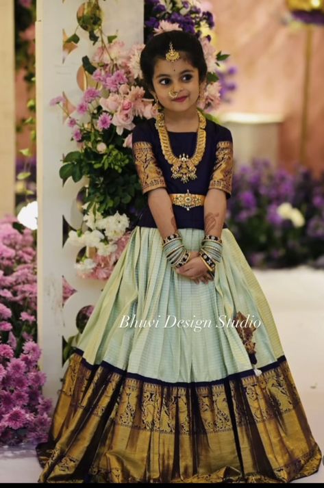 Traditional Baby Dresses, Pattu Lehenga, Pattu Pavada, Indian Dresses For Kids, Family Dress, Kids Party Wear Dresses, Kids Dress Collection, Kids Blouse Designs, Kids Blouse