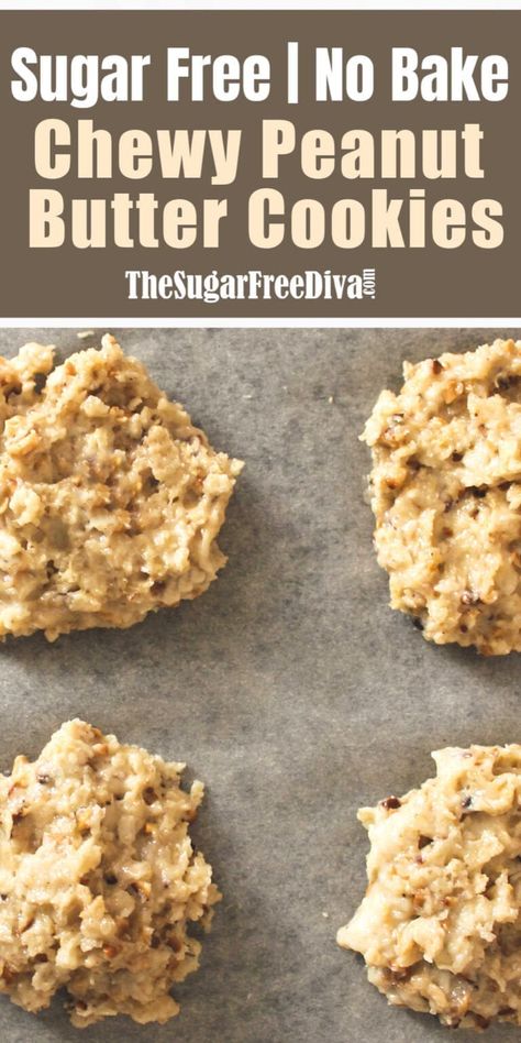 Sugar Free No Bake Desserts, Bariatric Sweets, Desserts For Diabetics, No Bake Peanut Butter Cookies, Peanut Butter And Oatmeal, Sugar Free Peanut Butter Cookies, Sugar Free Oatmeal Cookies, Cookies No Bake, Sugar Free Cookie Recipes