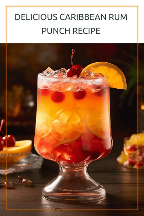 Indulge in the taste of tangy citrus, sweet tropical fruit, and spiced rum with this refreshing Caribbean Rum Punch recipe. Perfect for any summer gathering! Coconut Rum Punch, Spiced Rum Punch, Sorrel Rum Punch, Caribbean Rum Punch Recipe, Tropical Rum Punch, Fruity Rum Drinks, Caribbean Sunset Rum Punch, Rum Shots, Coconut Rum Punches