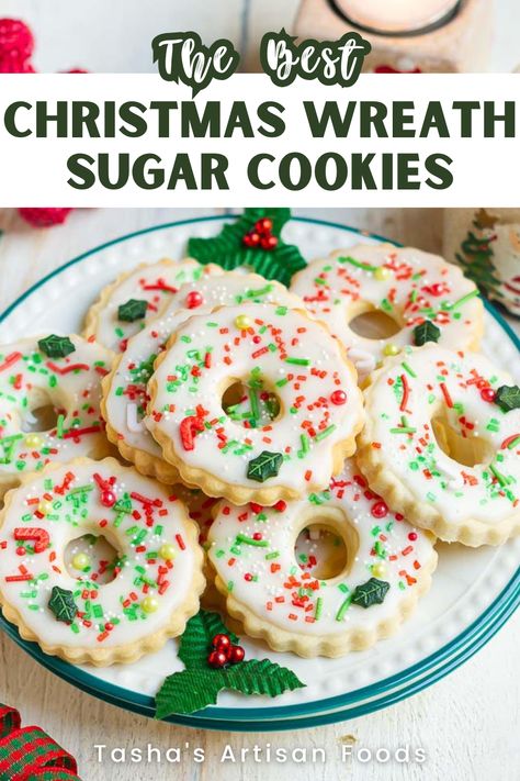 An image of Christmas Wreath Sugar Cookies on a green and white plate Easy Pretty Christmas Cookies, Christmas Cookies Wreath, Wreath Sugar Cookies, Christmas Cookie Sets, Santa Hat Cookies, Soft Christmas Cookies, Gallon Of Milk, Christmas Wreath Cookies, Nutcracker Cookies