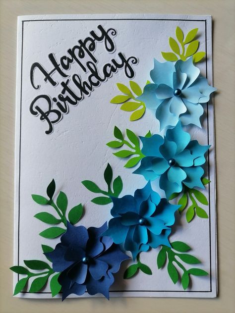 Hand made birthday card Greeting Card Ideas For Teachers, Gratitude Cards Handmade For Teachers, Birthday Card Design Ideas Creative, Blue Birthday Card Ideas, Birthday Card For Teacher, Blue Paper Flowers, Greeting Cards For Teachers, Handmade Greeting Card Designs, Card For Birthday