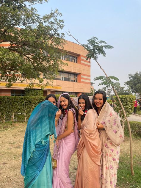 School friends farewell Indian School Farewell Aesthetic, Farewell Transition With Friends, Farewell Group Photos, Farewell Pic Ideas, Farewell Sarees School Ideas, Farewell Pictures Photo Ideas, Farewell Poses With Friends, Farewell Pics Ideas With Friends, Farewell Photo Ideas With Friends